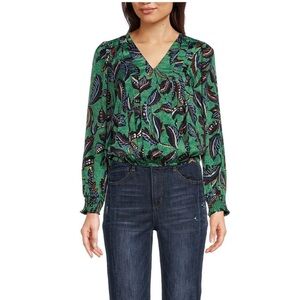 Democracy Woven Leaf Print Surplice V-Neck Long Blouson Sleeve Overlap Top